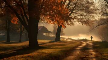 Foggy autumn morning in the park AI Generated photo