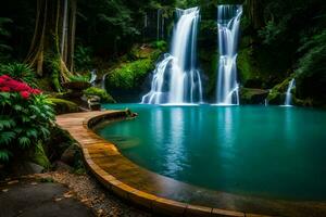 a beautiful waterfall in the jungle with a wooden walkway. AI-Generated photo