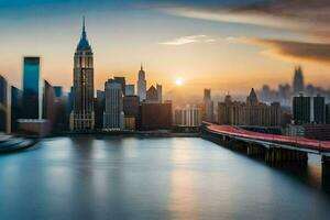 the city skyline is seen from a boat. AI-Generated photo