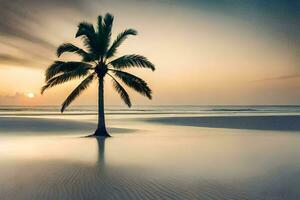 a palm tree stands alone on a beach at sunset. AI-Generated photo