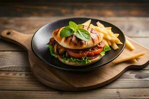 a grilled chicken sandwich with fries on a wooden cutting board. AI-Generated photo