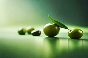 olives on a green background. AI-Generated photo