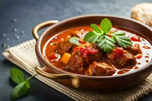 meat stew in a bowl with bread and parsley. AI-Generated photo