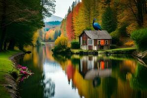 a house sits on the edge of a lake surrounded by trees. AI-Generated photo