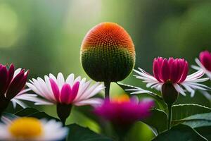 un vistoso flor es en el medio de un campo. generado por ai foto