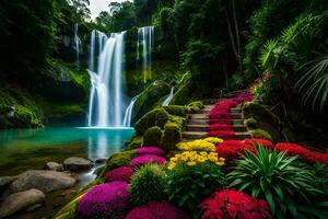 beautiful waterfall in the jungle with colorful flowers. AI-Generated photo