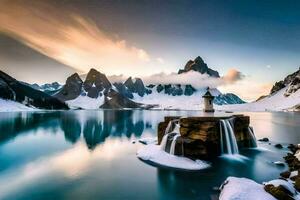a lake surrounded by mountains and water at sunset. AI-Generated photo