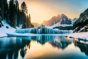 a waterfall in the snow with trees and mountains in the background. AI-Generated photo