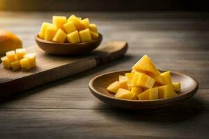 mango slices in bowls on a wooden table. AI-Generated photo