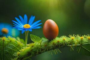 an egg sitting on a green plant. AI-Generated photo