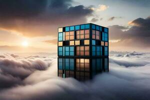 un cubo conformado edificio en el nubes generado por ai foto