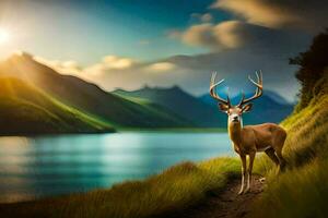 a deer stands on the edge of a lake with mountains in the background. AI-Generated photo