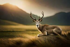 a deer is sitting on a rock in the middle of a field. AI-Generated photo