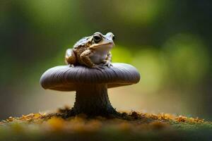 a frog sits on top of a mushroom. AI-Generated photo