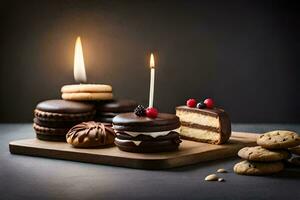 chocolate galletas y pasteles con velas en un de madera bandeja. generado por ai foto