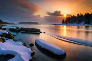 a beautiful sunset over the water with snow covered rocks. AI-Generated photo