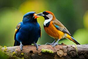 two colorful birds sitting on a branch. AI-Generated photo