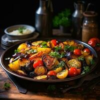 Delicious Roasted Fruits and Vegetables on a Rustic Wood photo