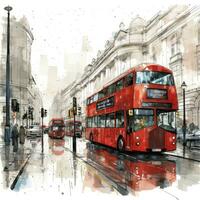 London street with red bus in rainy day sketch illustration photo