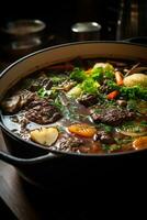 A Delicious Beef Broth with Bone-in Beef, Charred Vegetables, Garlic, and Spices photo