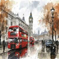 London street with red bus in rainy day sketch illustration photo