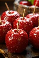 Delicious Glazed Red Toffee Candy Apples on Sticks photo