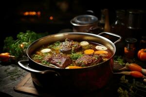 A Delicious Beef Broth with Bone-in Beef, Charred Vegetables, Garlic, and Spices photo