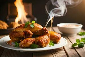 chicken wings on a plate with sauce and herbs. AI-Generated photo