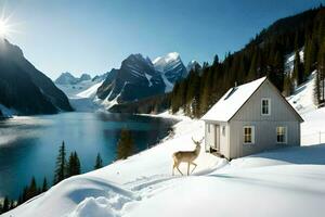 a deer stands in front of a cabin in the snow. AI-Generated photo
