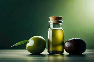 olive oil in a bottle and two green olives. AI-Generated photo