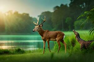a deer and an alligator in the grass by a lake. AI-Generated photo