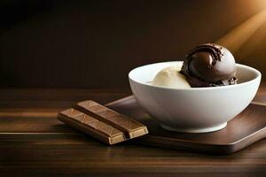 chocolate ice cream in a bowl with a chocolate bar. AI-Generated photo