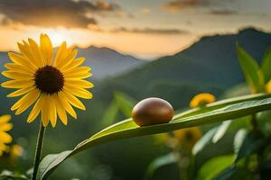a snail sits on a leaf with a sunflower in the background. AI-Generated photo
