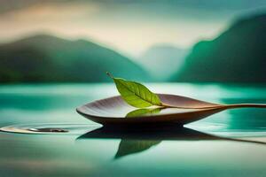 a leaf floating on top of a shell in the water. AI-Generated photo