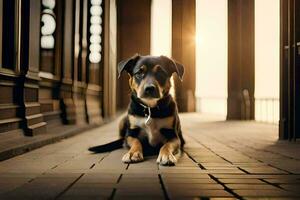 un perro sentado en el suelo en frente de un edificio. generado por ai foto