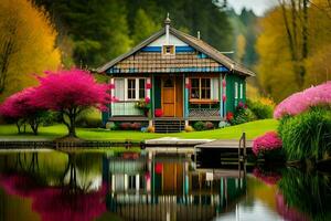 un pequeño casa se sienta en el borde de un estanque. generado por ai foto