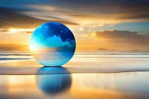 a blue sphere on the beach at sunset. AI-Generated photo