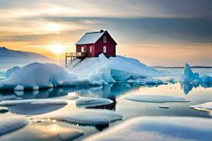 un rojo casa se sienta en un iceberg en el medio de el océano. generado por ai foto