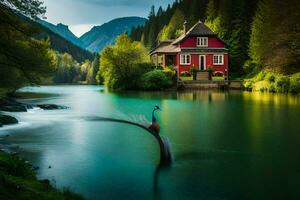 a red house sits on the edge of a lake with a peacock standing on the water. AI-Generated photo