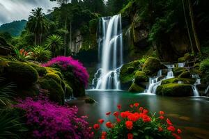 beautiful waterfall in the jungle with colorful flowers. AI-Generated photo