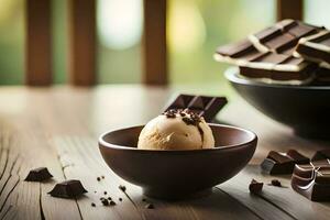 chocolate ice cream in a bowl with chocolate pieces. AI-Generated photo