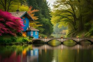 a blue house sits on a bridge over a river. AI-Generated photo