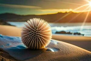 a spiky ball sits on the sand at sunset. AI-Generated photo