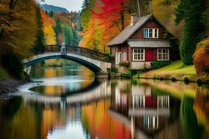 a bridge over a river with a house in the background. AI-Generated photo
