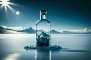 a bottle of water with ice in it sitting on the ice. AI-Generated photo