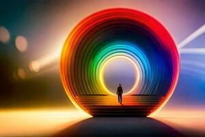 a man standing in front of a colorful circular object. AI-Generated photo
