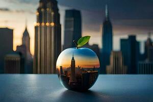 an apple with a cityscape in the reflection. AI-Generated photo