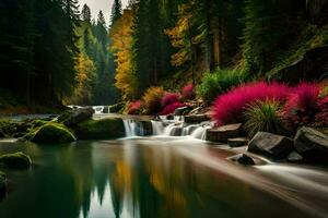 a river flowing through a forest with colorful flowers. AI-Generated photo