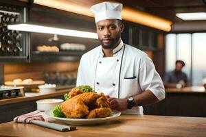 cocinero participación un plato de frito pollo. generado por ai foto