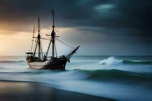 un navegación Embarcacion en el Oceano a puesta de sol. generado por ai foto